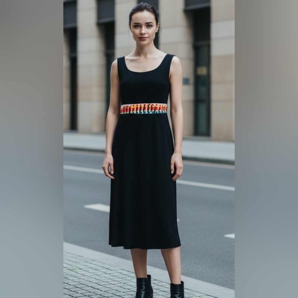 EUC R&K SZ S Black Sleeveless Sheath Dress w/Scoop Neckline/colorful waistband